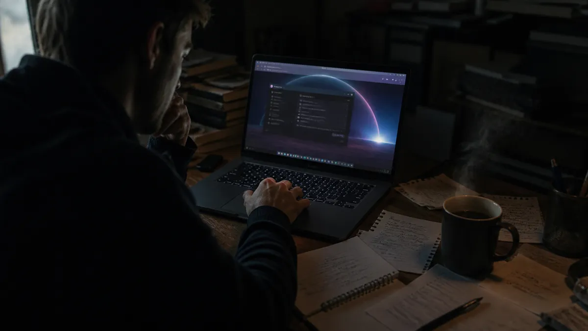 A person is exploring dark web chatroom links on a laptop in a cozy workspace.