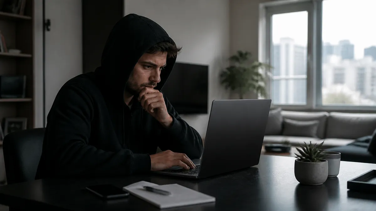 A person focused on their laptop while navigating dark web marketplaces in a contemporary apartment.