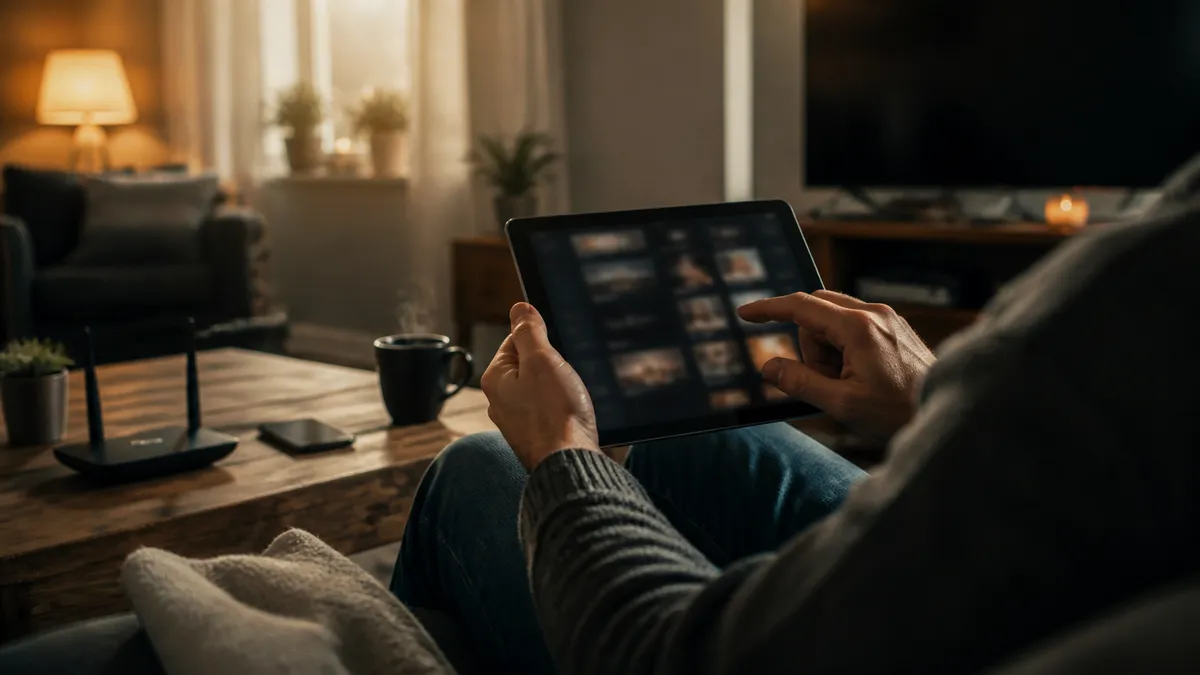 A user is exploring dark web resources on a tablet in a cozy living room setting.