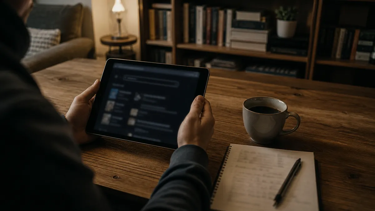 A person is exploring dark web resources on a tablet in a cozy environment.