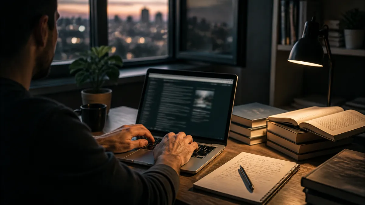A person engaging with educational dark web resources in a cozy home office.