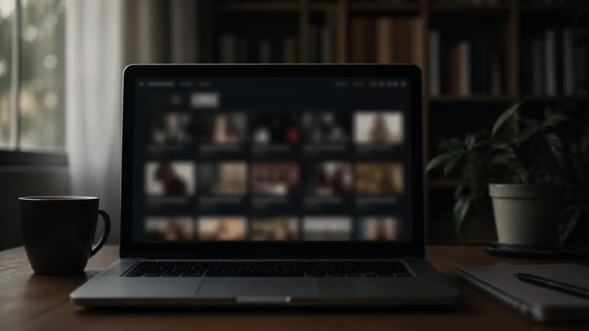A person is focused on a laptop exploring dark web video directories in a cozy room.