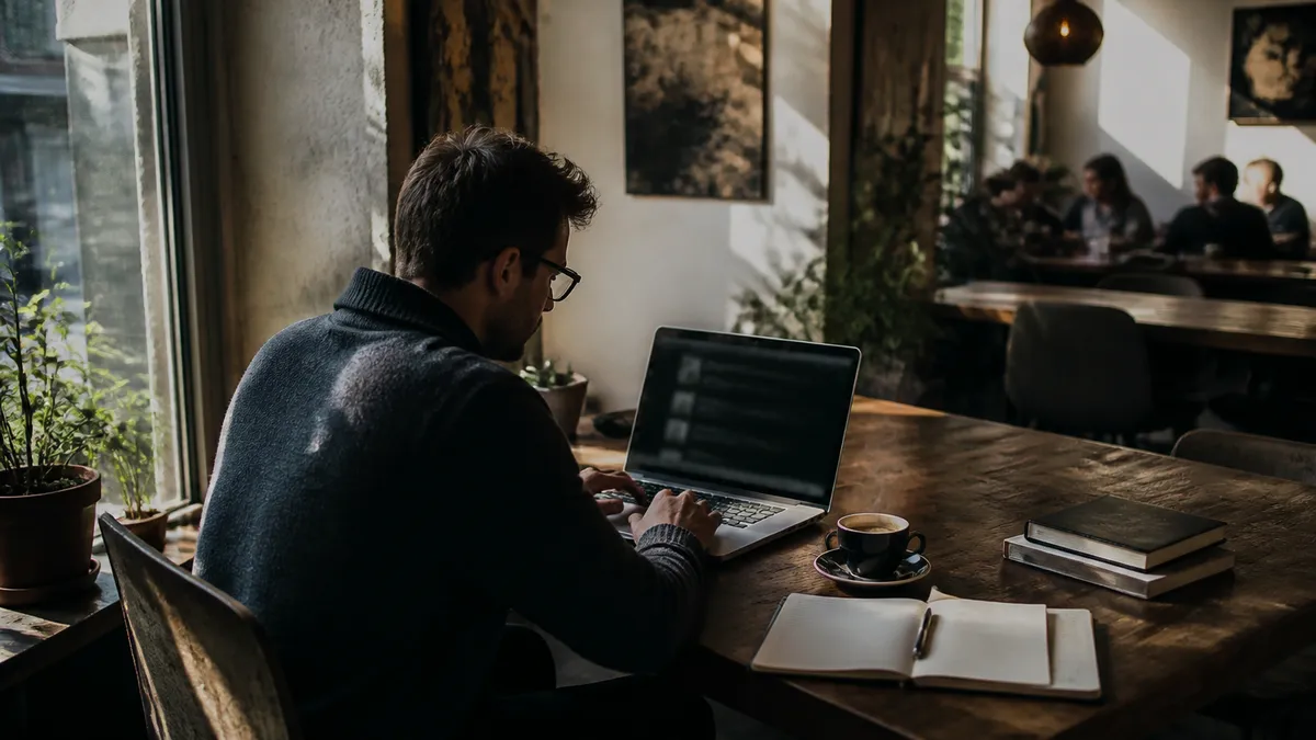 A person absorbed in exploring dark web resources in a cozy café setting.