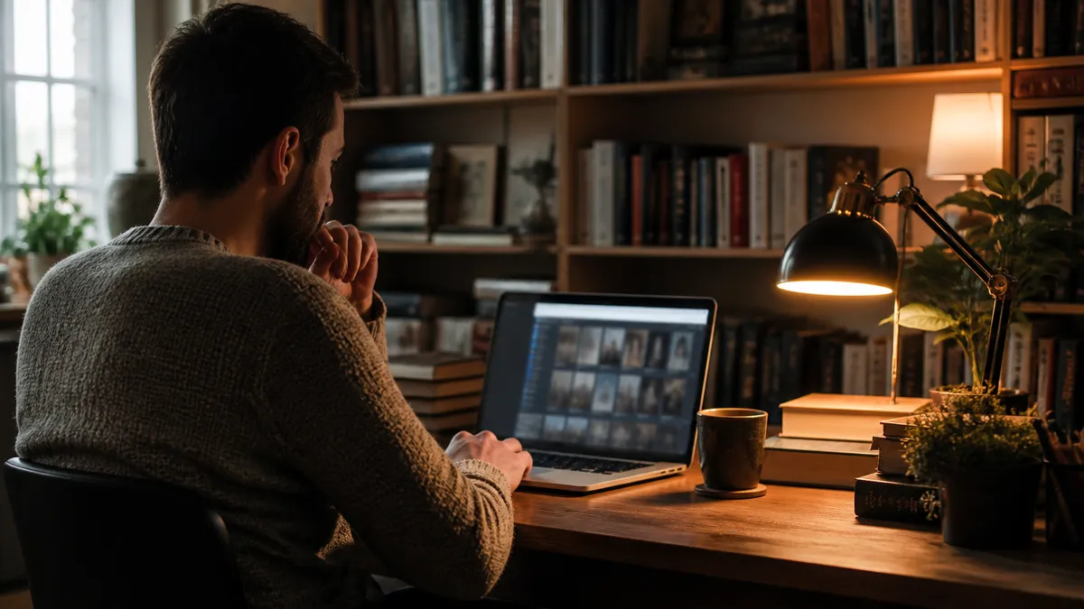 A person engaging with a laptop in a cozy home office environment.