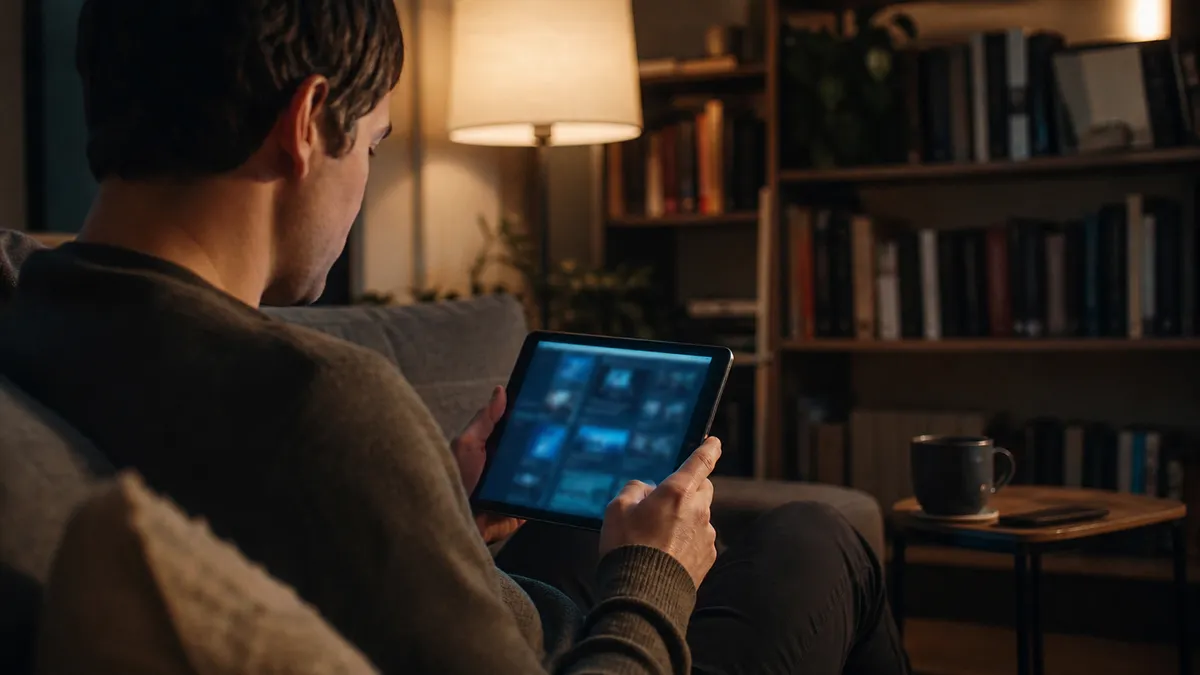 A user exploring deep web resources on a tablet in a modern living room.