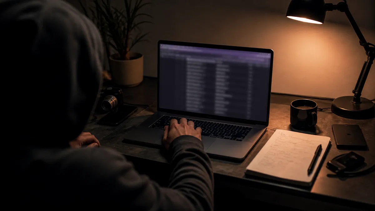 A person is intently browsing a directory of onion links on a laptop.