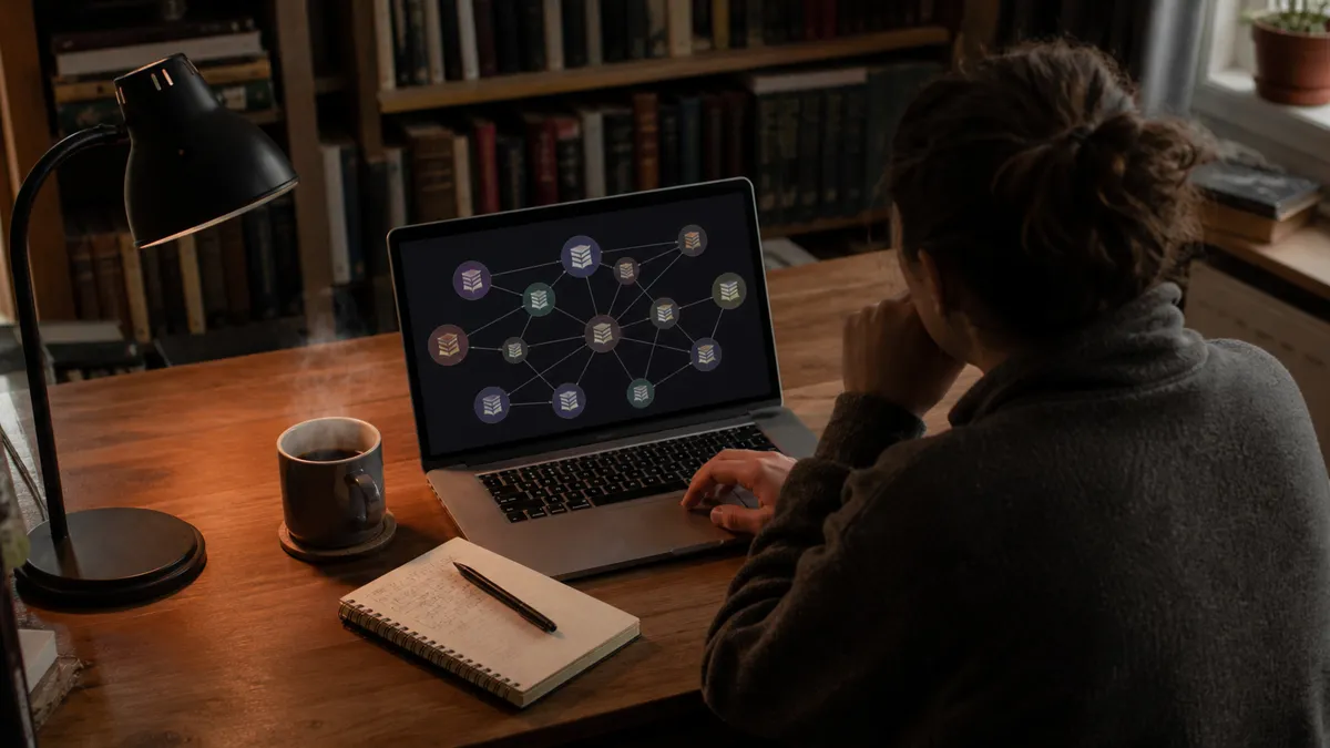 A person browsing onion links for books in a cozy, book-filled room.