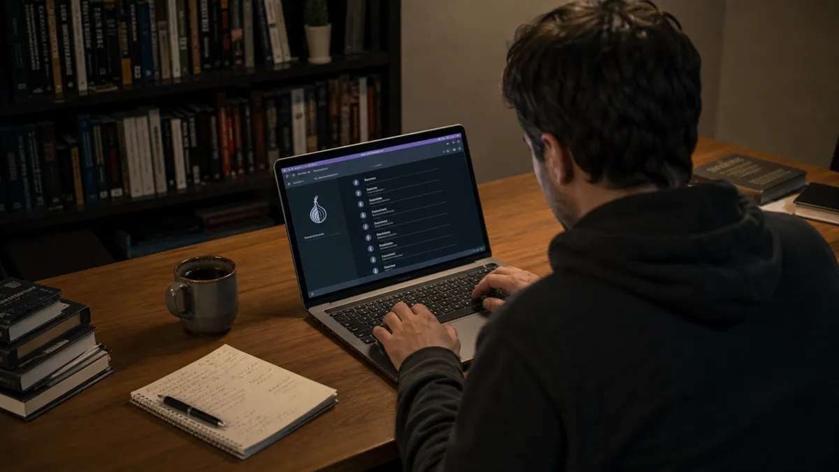 A person is engaged in exploring hidden services using a laptop.