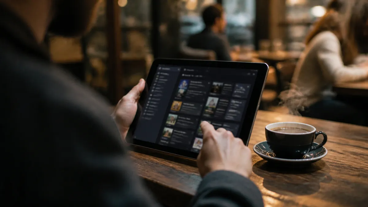 A person focused on a tablet, exploring an onion site catalog in a café.