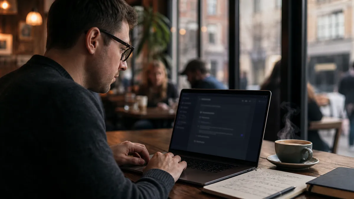 A person adjusting Tor Browser settings in a coffee shop environment.