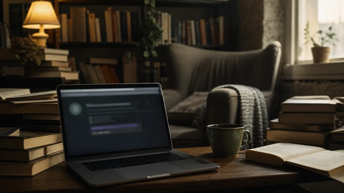A reading nook with a laptop and a stack of books on a table.