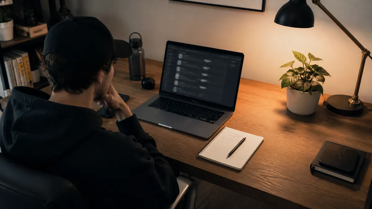 A person is intently reviewing dark web combo lists in a contemporary home office.