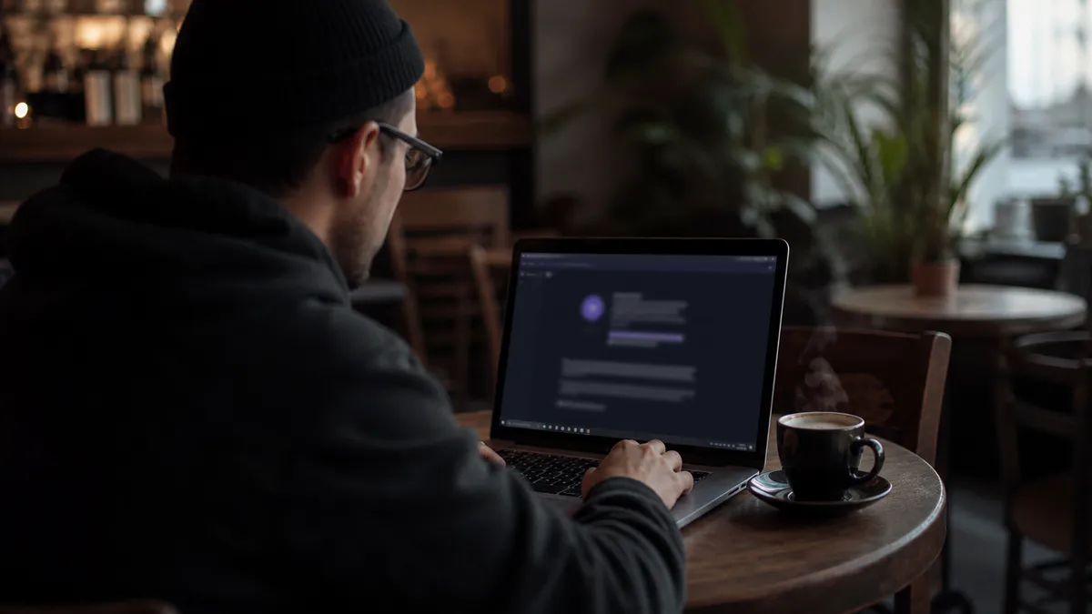 A user discreetly browsing the Tor network in a cafe setting.